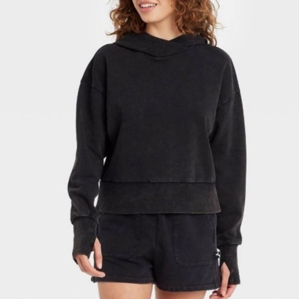 JoyLab Classic Acid Wash Cropped Cotton Black Hoodie - L